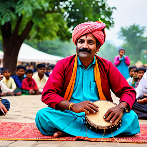 A vibrant traditional Indian folk theater artist, fully clothed in modest, colorful traditional attire, performing an animated storytelling act outdoors in a lively village square. The artist is holding a simple musical instrument like a dholak or a stringed instrument. The background features a blurred, family-friendly crowd enjoying the performance. Perfect anatomy, correct proportions, natural pose, well-formed hands, proper finger count, natural body proportions, safe for work, appropriate content, fully clothed, family-friendly, professional photography, high quality.