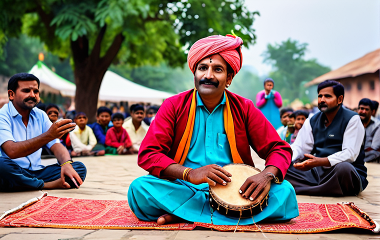 A vibrant traditional Indian folk theater artist, fully clothed in modest, colorful traditional attire, performing an animated storytelling act outdoors in a lively village square. The artist is holding a simple musical instrument like a dholak or a stringed instrument. The background features a blurred, family-friendly crowd enjoying the performance. Perfect anatomy, correct proportions, natural pose, well-formed hands, proper finger count, natural body proportions, safe for work, appropriate content, fully clothed, family-friendly, professional photography, high quality.