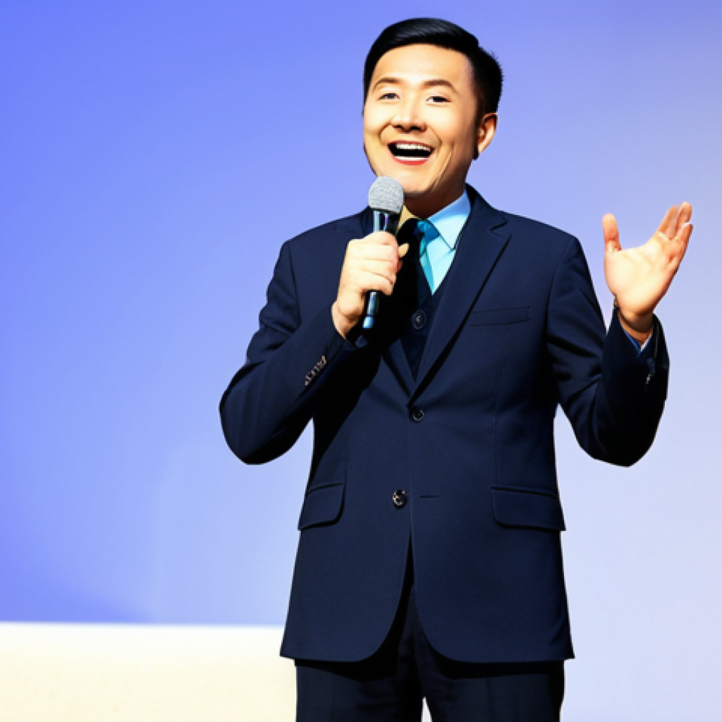 Xiaopan on Stage**
"A professional stand-up comedian, fully clothed in a modest, modern outfit, performing on a brightly lit stage with a microphone. The background shows a blurred, enthusiastic audience. Perfect anatomy, correct proportions, well-formed hands, safe for work, appropriate content, family-friendly, professional photography, high quality."
**