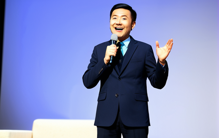 Xiaopan on Stage**
"A professional stand-up comedian, fully clothed in a modest, modern outfit, performing on a brightly lit stage with a microphone. The background shows a blurred, enthusiastic audience. Perfect anatomy, correct proportions, well-formed hands, safe for work, appropriate content, family-friendly, professional photography, high quality."
**