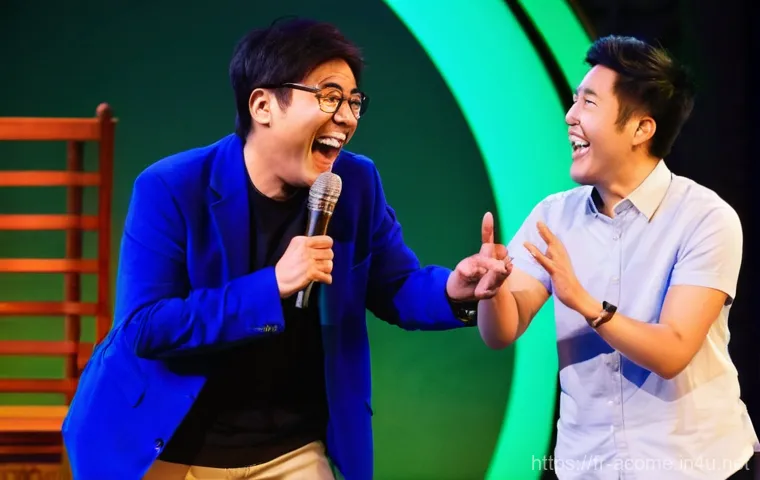 아시아 개그 페스티벌 리뷰 - **Prompt:** A vibrant and dynamic stage scene at an Asian comedy festival. Feature a diverse group o...