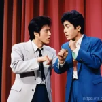 다운타운 일본 개그 듀오  역사 - **Image Prompt 1: The Energetic Manzai Duo on Stage**
    "A vibrant, dynamic full-shot of young Hit...
