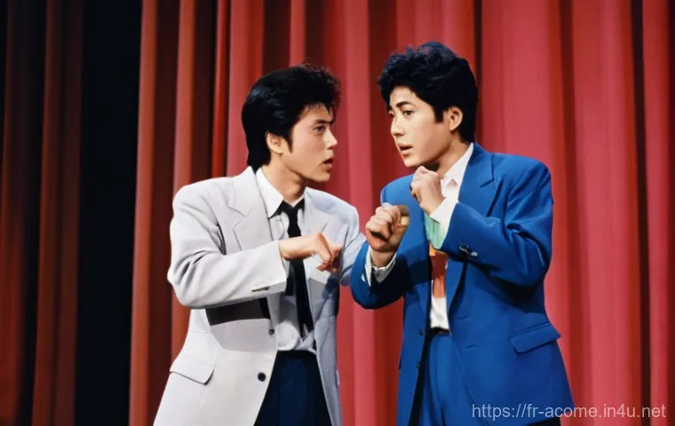 다운타운 일본 개그 듀오 역사 - **Image Prompt 1: The Energetic Manzai Duo on Stage**
"A vibrant, dynamic full-shot of young Hit...