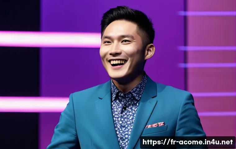 대만 유명 개그맨 인터뷰 - **Vibrant Taiwanese Stand-Up Comedy Scene:** A brightly lit, modern comedy club stage in Taipei, Tai...