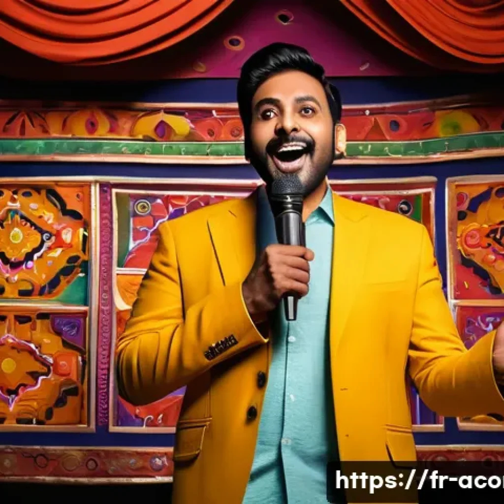 인도의 유명 개그맨 리스트 - A vibrant Indian stand-up comedy stage featuring a charismatic male comedian in casual modern attire...