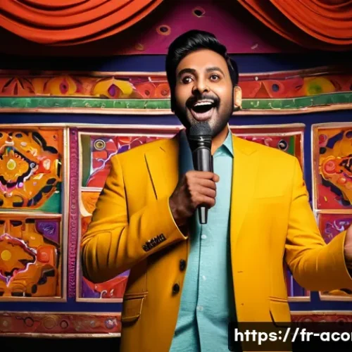 인도의 유명 개그맨 리스트 - A vibrant Indian stand-up comedy stage featuring a charismatic male comedian in casual modern attire...