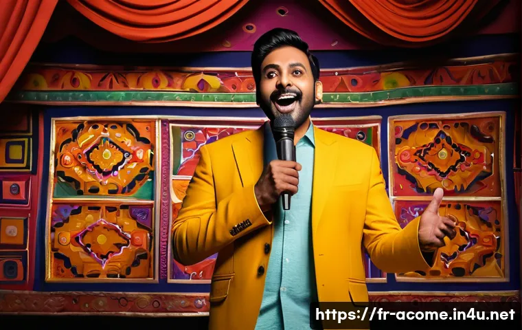 인도의 유명 개그맨 리스트 - A vibrant Indian stand-up comedy stage featuring a charismatic male comedian in casual modern attire...