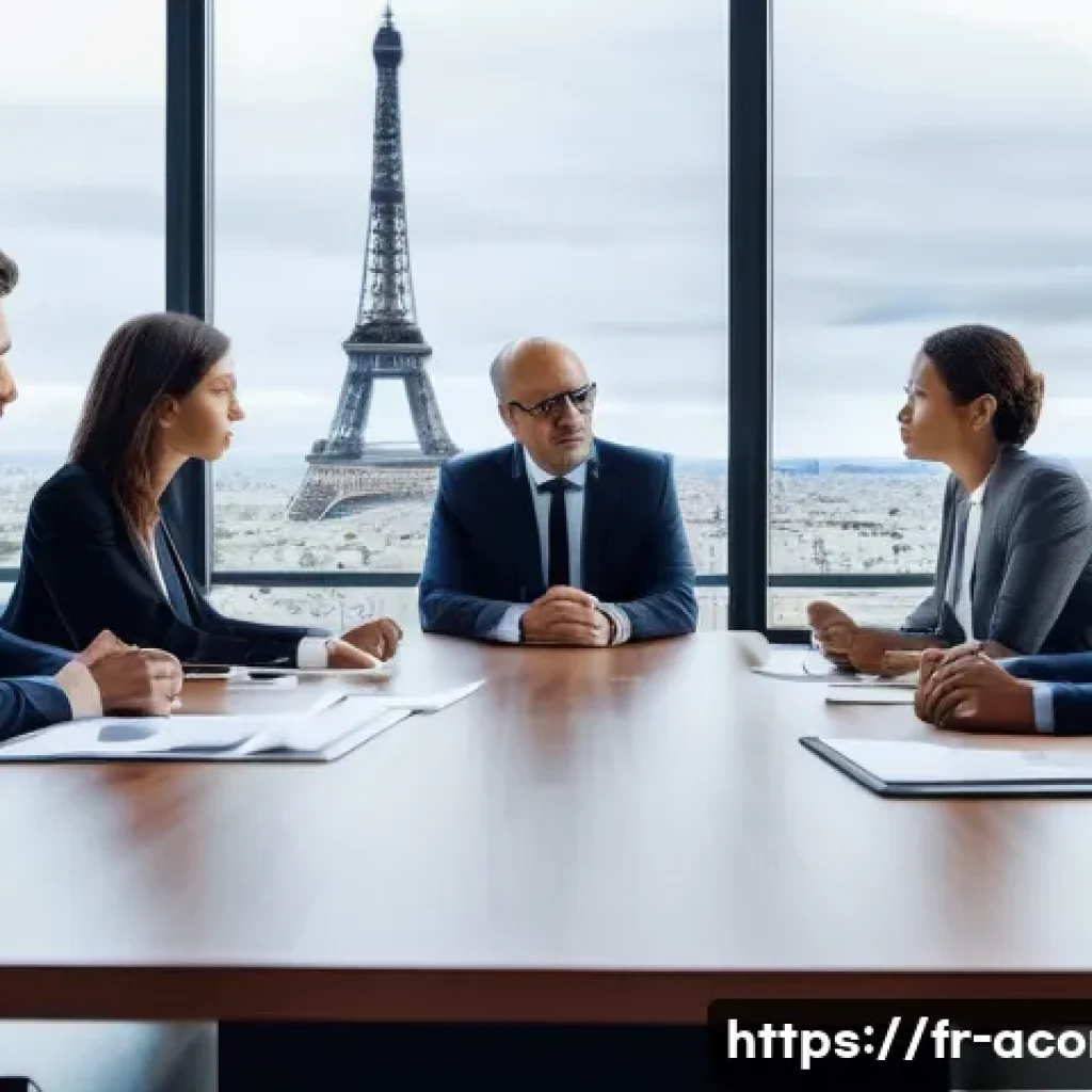 하마다 마사토시 논란과 사건 - A professional corporate office setting in Paris, with diverse businesspeople engaged in a serious e...