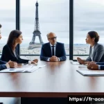 하마다 마사토시 논란과 사건 - A professional corporate office setting in Paris, with diverse businesspeople engaged in a serious e...