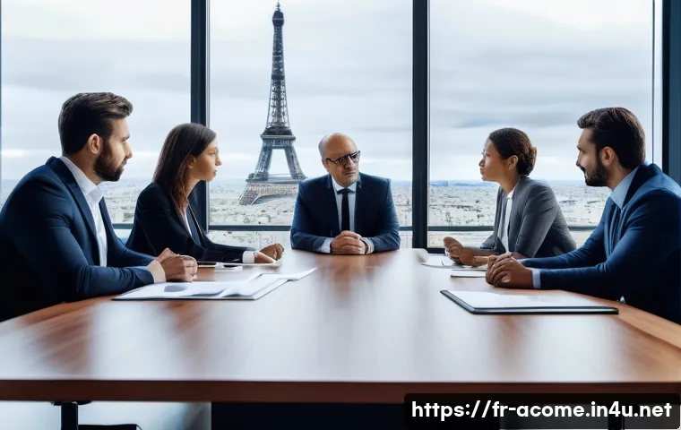 하마다 마사토시 논란과 사건 - A professional corporate office setting in Paris, with diverse businesspeople engaged in a serious e...
