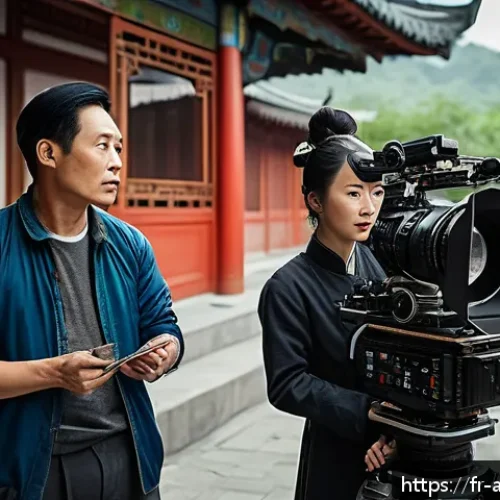 주성치 논란 및 사건사고 - A detailed cinematic scene depicting a diverse film crew on a bustling movie set during a long shoot...