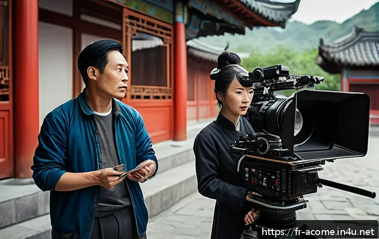 주성치 논란 및 사건사고 - A detailed cinematic scene depicting a diverse film crew on a bustling movie set during a long shoot...