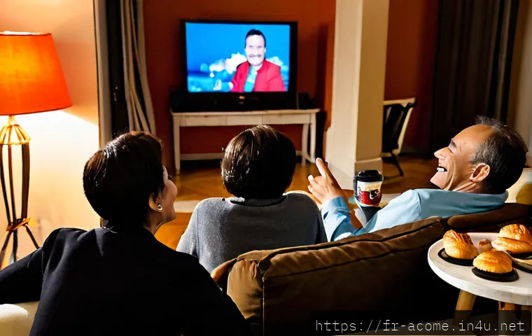Home 17 아시아 개그 프로그램 추천 - Photorealistic cozy Paris apartment living room, a French multigenerational family laughing together...