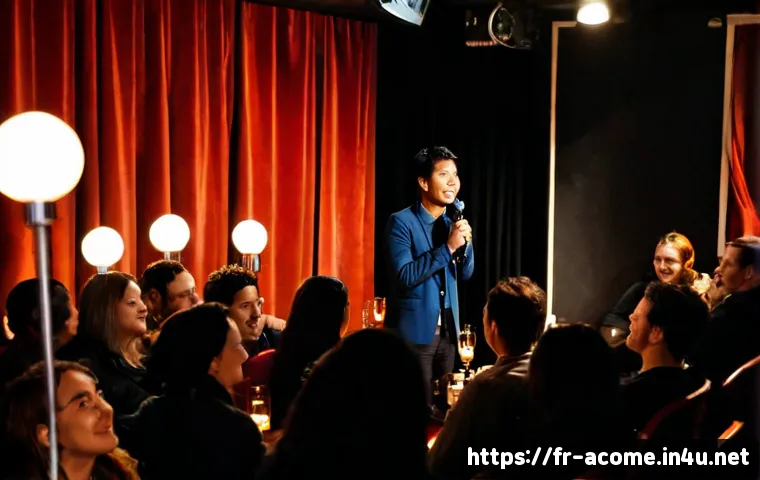 Home 17 아시아 스탠드업 코미디의 미래 - Photorealistic evening stand-up comedy scene in a stylish intimate Paris comedy club, a young Asian ...